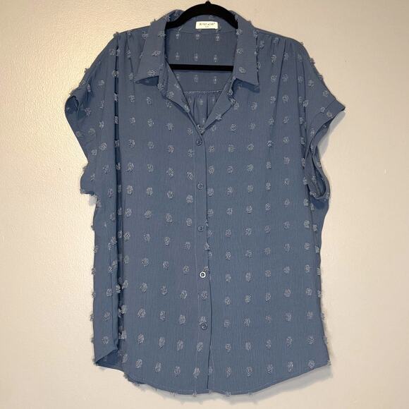 Bothenial XXL Button Down Shirt Chiffon Blouse Gray Blue Puff Polka Round Hem - Picture 2 of 8